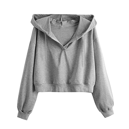 Generic Hoodies voor vrouwen UK Cropped Hoodie Lichtgewicht Pullover Sweatshirt Effen Truien Lange Mouw Jumper Ronde Hals Sweatshirts Casual Truien Truien voor Vrouwen VK, Grijs, XL