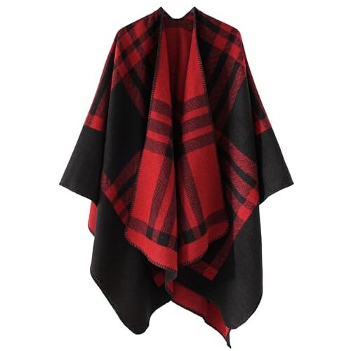 Genfien Poncho dames winter warm elegant poncho deken poncho cape gebreide poncho mantel winter poncho sjaal vrouwen gebreide cape cardigan, rood, One Size