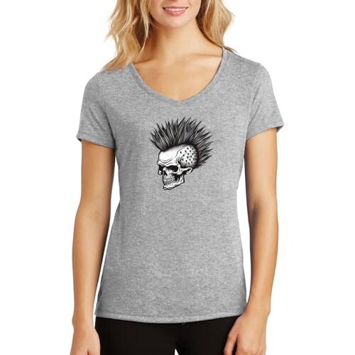 ENTROPIJA Punk Skull V-hals Dames T-shirt Klassieke pasvorm top Art, Grijs, L