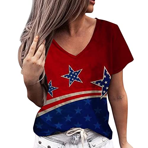 UnoSheng Casual T-shirt met V-hals, korte mouwen, losse top voor dames, wikkelshirt voor dames, wijn, S