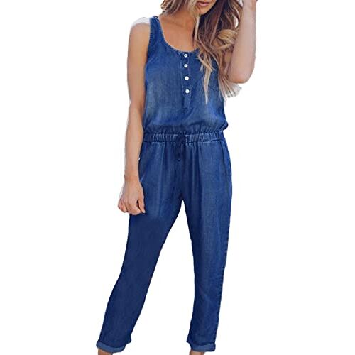 BOTCAM Casual overalls voor dames, mouwloze overall, jeans, strand-riempjes-knoop-romper met zakken, overall, kimono, cardigan, overall, dames, zomer, elegant, korte werkbroek, overalls, donkerblauw, XL