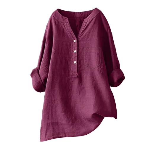 YWLINK Musselin blouse dames linnen blouse dames zomer lange mouwen grote maten hemdblouse blouse jurk linnen elegant wit lange blouse blouseshirt zwart damesblouses linnen hemd longshirt, A-wijn, S