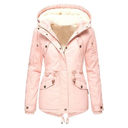 Ksmate Dames winterjas, winterjas, damesparka, katoenen jas, lange winterjas met capuchon, warme winddichte winterparka, roze, XL