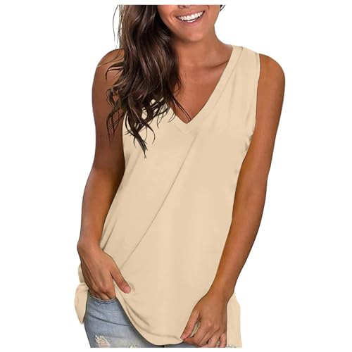 Generic Tanktop voor dames, basic zomertanktop, lichte tops, blouse-top voor vrouwen, luchtige blouses en tunieken voor dames, beige, XXL