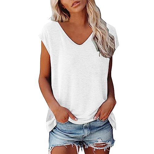 Generic T-shirt voor dames, V-hals, T-shirt, T-shirt, zomer, korte mouwen, top, blouse, sport, bovenstuk, shirts, elegant, oversized, voor T-shirts met losse katoenen basic blouses, Y2 Wit, M