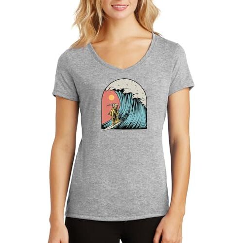 ENTROPIJA Surfing Magere Hein V-hals Dames T-shirt Klassieke pasvorm Top Art, Grijs, L