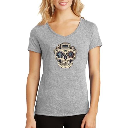 ENTROPIJA Hipster Skull Retro V-hals Dames T-shirt Klassieke pasvorm Top Art, Grijs, L