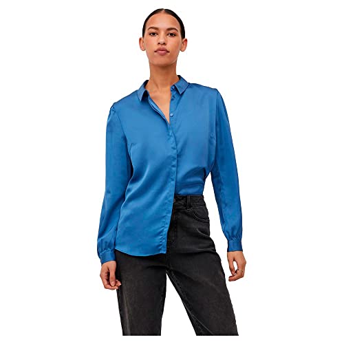 VILA Dames Diverse Satijnen L/S Shirt/SU-NOOS Blouse, Federal Blue, 34, Federal Blue, 34