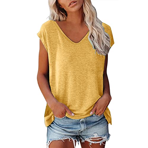 nuoke T-shirt dames V-hals dames shirt T-shirt zomer korte mouwen blouses T-shirts shirts elegant basic T-shirt blouses top dames blouseverlenging, geel, L