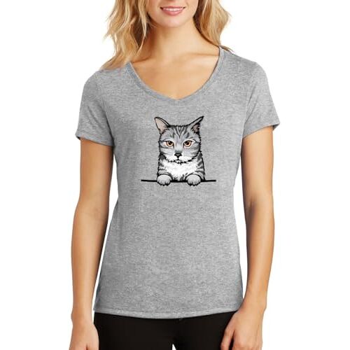 ENTROPIJA Tabby Cat Grijs V-hals Dames T-shirt Klassieke pasvorm top Art, Grijs, S