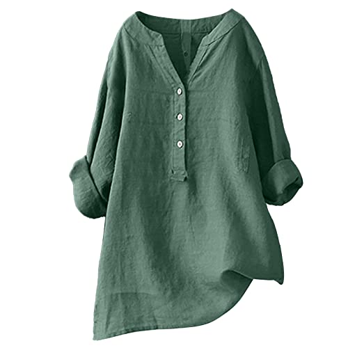 ADXFWORU Musselin blouse dames linnen blouse dames zomer lange mouwen grote maten hemdblouse blouse jurk linnen wit lange blouse blouseshirt strijkvrij zwart damesblouses, groen, L