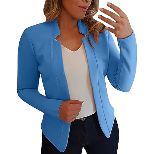 IQYU Blazer dames elegant kort blazer dames kort zwart met gekerfde kraag elegant smal gesneden vest met open voorkant blazer korte blazer korte blazer slim kantoor blazer, hemelsblauw, XXL