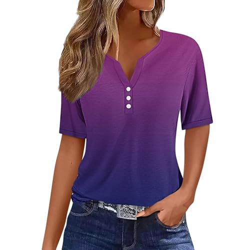 Generic Dames V-hals Korte Mouw Shirts Blouse Losse Blouses Casual Zomer T-shirt Blouse V-hals Zomer Tops Zomer Shirts Dames V-hals Tops, Paars, L