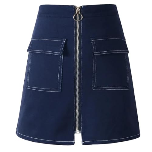 YUECIBAI Rokken voor dames, jeansrok met zakken voor dames, minirok, schoolrok, kort, uitlopend, L, marineblauw