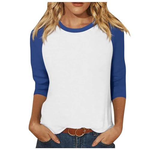 Generic Ronde hals blouses voor vrouwen mode 2024 raglan mouw 3/4 mouw zomer T-shirts voor vrouwen casual effen kleur basic uitgaan tops workout tops voor vrouwen T-shirts vrouwen blouses tunieken, Blauw, XL