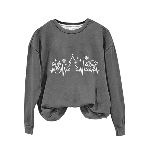 Generic Vrouwen Trui Sweatshirt Tops 2024 Nieuwe Kerstman Elektrocardiogram Kerst Sweatshirt Xmas Trui Voor Vrouwen Ronde hals Trui Tops Grappige Kerst Shirt Geschenken Leuke Baggy Shirt, Grijs, XXL