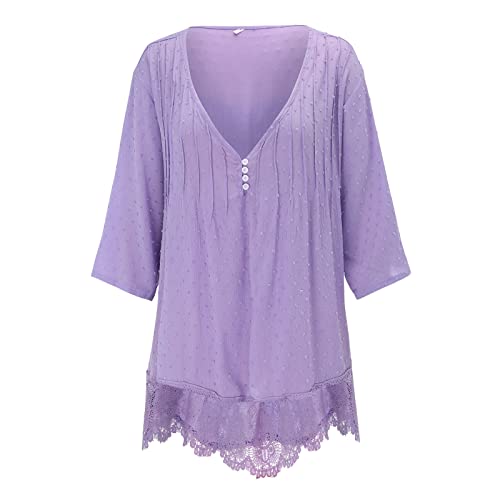 Generic 2024 Nieuw Vrouwen Vintage Driekwart Kant V-hals Plus Size Top T-shirt Blouse 3 4 Mouwen Tops voor Vrouwen, roze, XXL