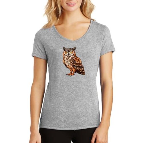 ENTROPIJA Owl Spirit Animal V-hals Dames T-shirt Klassieke pasvorm top Art, Grijs, S