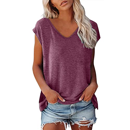 XIUH T-shirt dames V-hals dames shirt T-shirt zomer korte mouwen blouses T-shirts shirts elegant basic T-shirt dames top elegant T-shirt dames basic T-shirt dames basic T-shirt, rood, M