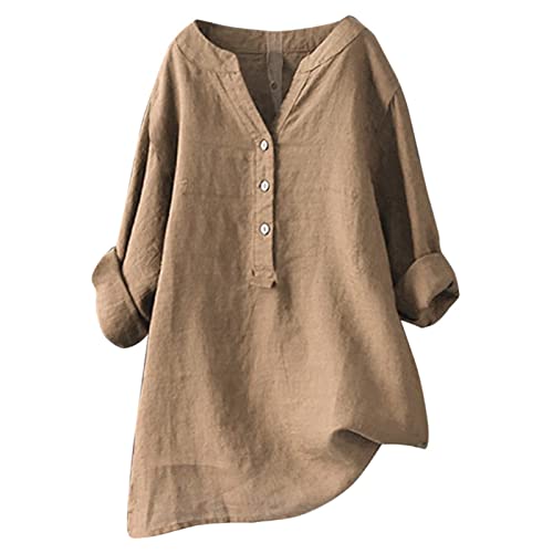 ADXFWORU Linnen blouse dames blouse dames zomer tuniek V-hals grote maten blouseshirt dames shirt met lange mouwen linnen katoen shirt tops print shirt, blouses & tunieken voor dames #R, Khaki-2, XXL