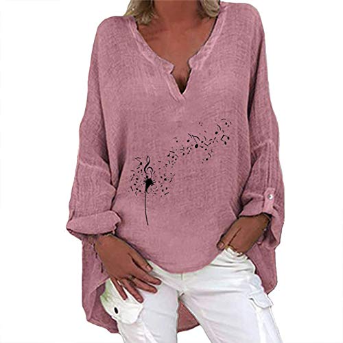 XWANG Linnen blouse dames linnen blouse lange mouwen bovendeel casual V-hals tops linnen tuniek los katoen hemd linnen blouse losse casual print linnen hemd, 15, roze, XXL