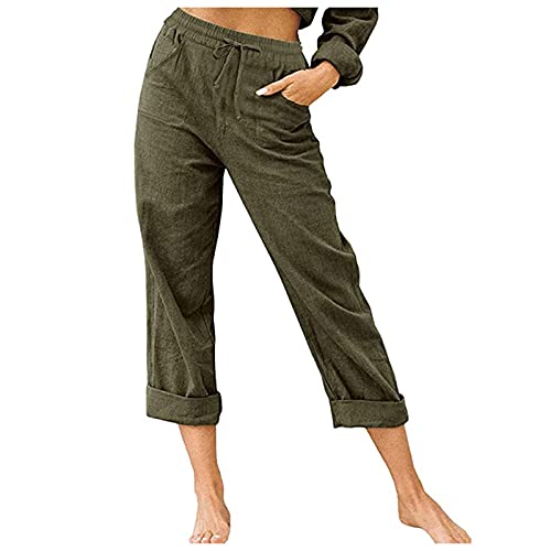 Generic Effen Kleur Lichtgewicht Vrouwen Brede Pijpen Capri Broek Hoge Taille Vrouwen Capri Linnen Broek Zomer Elastische Capri Casual Capri Broek Crop Relaxed Fit Katoen Crop Broek En Capri, Groen, XL