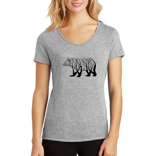 ENTROPIJA Bear of Tree V-hals dames T-shirt klassieke pasvorm top Art, Grijs, XL