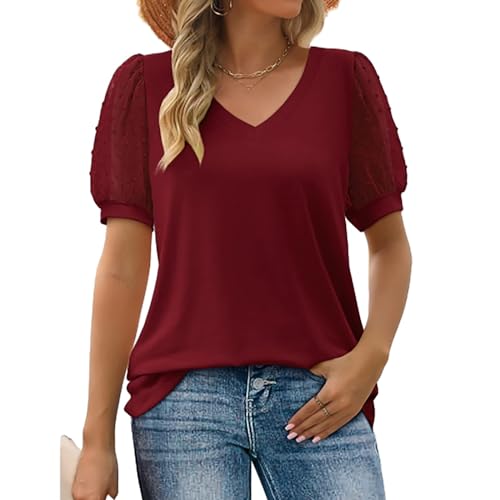 Hrantea Dames T Shirts Tops met Pofmouwen Dames Overhemden met V Hals Slim Fit Overhemden voor Dames Formeel Casual Losse Tops Zomer T Shirts Werk Business Overhemden (Color : Red, Size : XL)