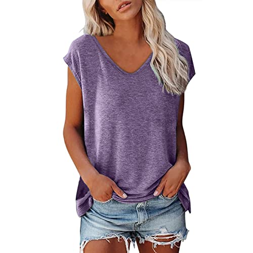 XIUH T-shirt dames V-hals dames shirt T-shirt zomer korte mouwen blouses T-shirts shirts elegant basic T-shirt dames top elegant T-shirt dames basic T-shirt dames basic T-shirt, lila, M