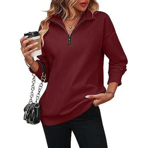 LEKOPUR Trui met halve rits voor dames, V-hals, truien, herfst, winter, T-shirts met lange mouwen, tops voor dames, effen sweatshirts y2k trui, basic lange truien voor vrouwen, Bordeaux, XL