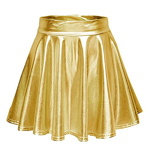 Generic 2024 Mini Casual Mode Geplooide Glanzende Rok A-lijn Uitlopende Dames Rok Party Tafelrokken, Goud, L