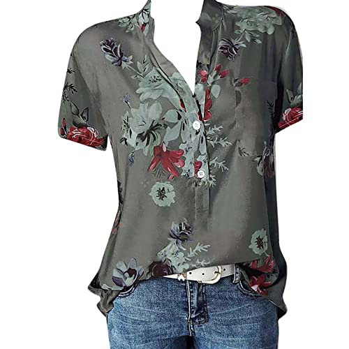 Generic Oversize shirt dames lange blouse korte mouwen comfortabele katoenen tuniek blouses & tunieken voor dames damesblouses zomer T-shirt losse vrouwen korte mouwen shirt tops, grijs, 3XL