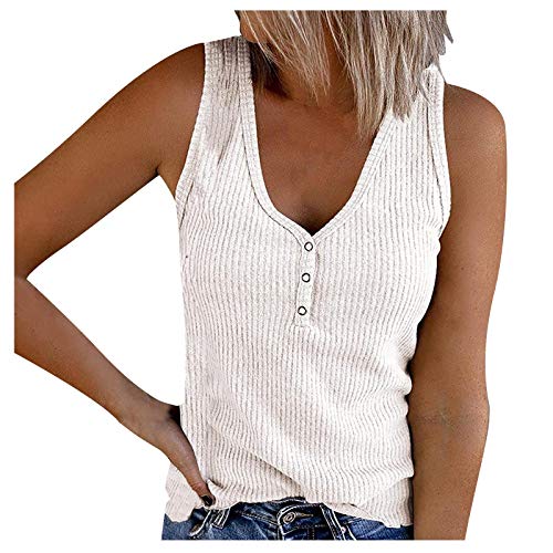 Generic Tanktop voor dames met knopen bovenstuk geribbeld T-shirt V-hals T-shirt mouwloos onderhemden schoudervrij ondershirt effen blouse-tops zomer sportshirt yoga T-shirts dames 2055, wit, M