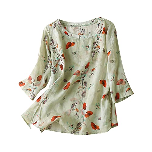 Generic Casual T-shirt tops voor vrouwen meisjes 2024 vintage bloemen ademend slim fit shirt met driekwart mouwen driekwart mouwen tops voor vrouwen, Groen, M