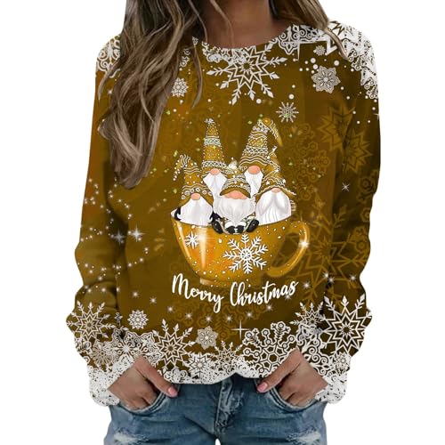 Nidddiv Kerst bedrukte truien voor vrouwen UK ronde hals ondershirts lange mouw sneeuwvlok lange mouwen truien lichtgewicht thermische T-shirts rode kersttruien dames blouses kostuum tops, Bruin, XL