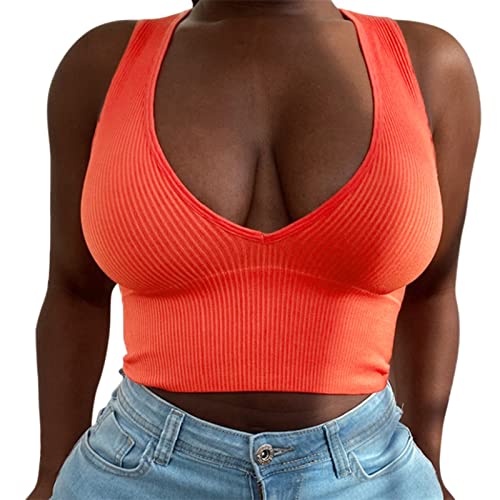 Generic Dames Casual Mouwloze Tank Tops Shirt Blouse Dames Sexy Slanke Tank Top V-hals Mouwloos Sexy Effen Kleur Top Shirt Streep Mode Vesten T-Shirt Dames Hardlopen, Oranje, XL