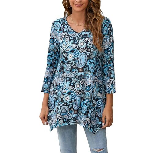 Enmain Dames tuniek lange mouwen grote maten 3/4 mouwen V-hals lange tuniektops voor vrouwen effen kleurig/patroonprint lang shirt tunieken blouses, P2 Lichtblauw, L