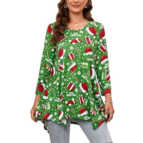 Enmain Dames tuniek lange mouwen grote maten 3/4 mouwen V-hals lange tuniektops voor vrouwen effen kleurig/patroonprint lang shirt tunieken blouses, Kerstmis Groen, 3XL