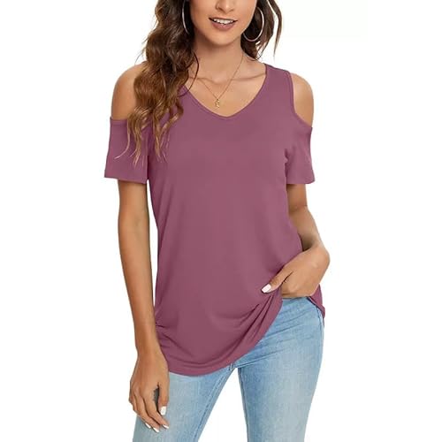 TANMESSO Dames koude schouder blouse tunieken korte/lange mouwen blouse tunieken tee tops, Paars Rood, L