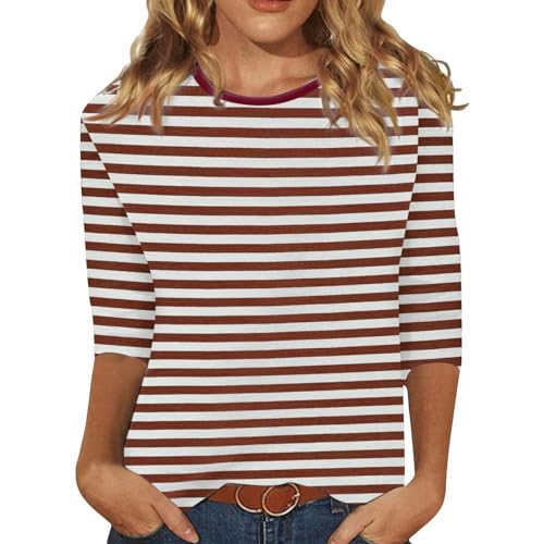 Generic Basic Casual 3/4 Mouw Dames Tops Strepen Effen T-shirts voor Vrouwen Ronde Hals Leuke Vrouwen Tops, Tees & Blouses Dames Tunieken Tops Tunieken Dames T-shirts Vrouwen Blouses T-shirts, Koffie, L