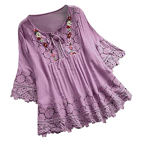 Generic 2024 Kanten blouses patchwork kwart strik V-hals T-shirt vintage dames blouse halter blouses, Paars, XXL