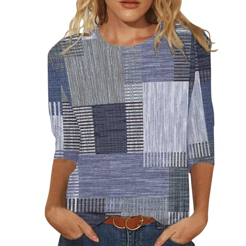 Generic Damesshirt 3/4 mouw 3D-print casual ronde hals 2024 shirt zomer blouse lichte zomershirts outdoor vrijetijdsshirt casual modern bovenstuk vrije tijd tops T-shirts, blauw, L