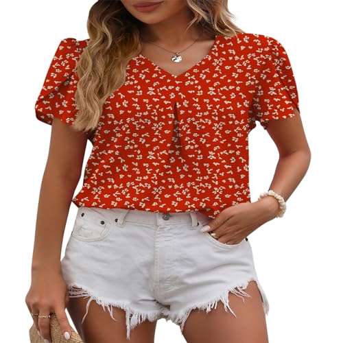 YTHSPNZE Dames zomer casual V-hals knopmouw korte mouwen tops korte mouwen shirts losse shirts kantoor casual T-shirts, Saffloer, XXL