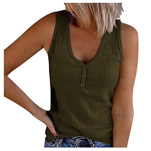 Generic Tanktop voor dames met knopen bovenstuk geribbeld T-shirt V-hals T-shirt mouwloos onderhemden schoudervrij ondershirt effen blouse-tops zomer sportshirt yoga T-shirts dames 2055, legergroen, L