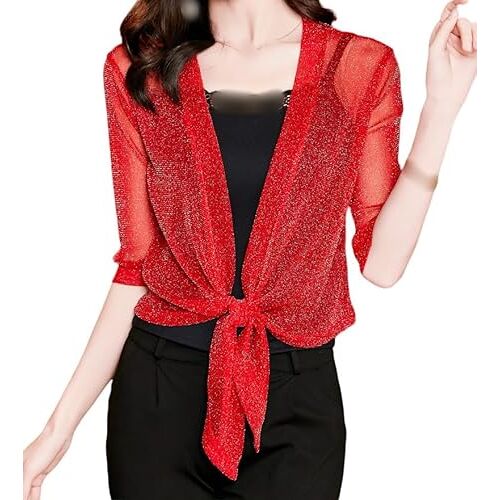 FWSHANGMAO Bolero Bolero Dames Effen Visnet Blitse Pailletten Bolero Vest Dames Vastbinden Bolero Bolero Top Half Mouw Cropped Vest Zomer voor Avondjurk Rood Xs