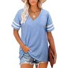 UMIPUBO T-shirt voor dames, korte mouwen, modieus, gestreept, V-hals, oversized, modieus, losse top, zomer, grote maten, blauw, XXL