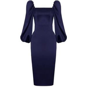 Swing Fashion Marine blauwe satijnen kokerjurk van Giselle met pofmouwen en een mock-hals Maat 34, blauw, 34 Swing Fashion Marine blauwe satijnen kokerjurk van Giselle met pofmouwen en een mock-hals Maat 34, blauw, 34