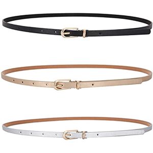 LECTNORE 3 Stks Vrouwen Skinny Lederen Riem voor Jurken Dunne Taille Riem met Metalen Gesp voor Jeans Jurk Broek (zilver/zwart/champagne)