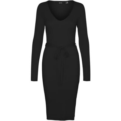 VERO MODA Vmsaba Rib Ls V-hals riem jurk Ga Noos gebreide jurk voor dames, zwart, M VERO MODA Vmsaba Rib Ls V-hals riem jurk Ga Noos gebreide jurk voor dames, zwart, M
