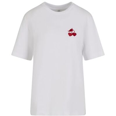 Dames T-Shirt Heart Cherries EMB Tee, casual T-shirt met geborduurde hart-kersenapplicatie, 100% katoen, maten XS 5XL, wit, 3XL Dames T-Shirt Heart Cherries EMB Tee, casual T-shirt met geborduurde hart-kersenapplicatie, 100% katoen, maten XS 5XL, wit, 3XL